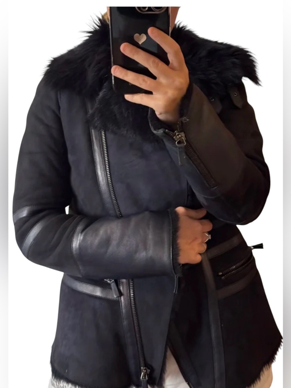 Emporio Armani Blue  Leather shearling sheepskin  Moto mustang  Jacket